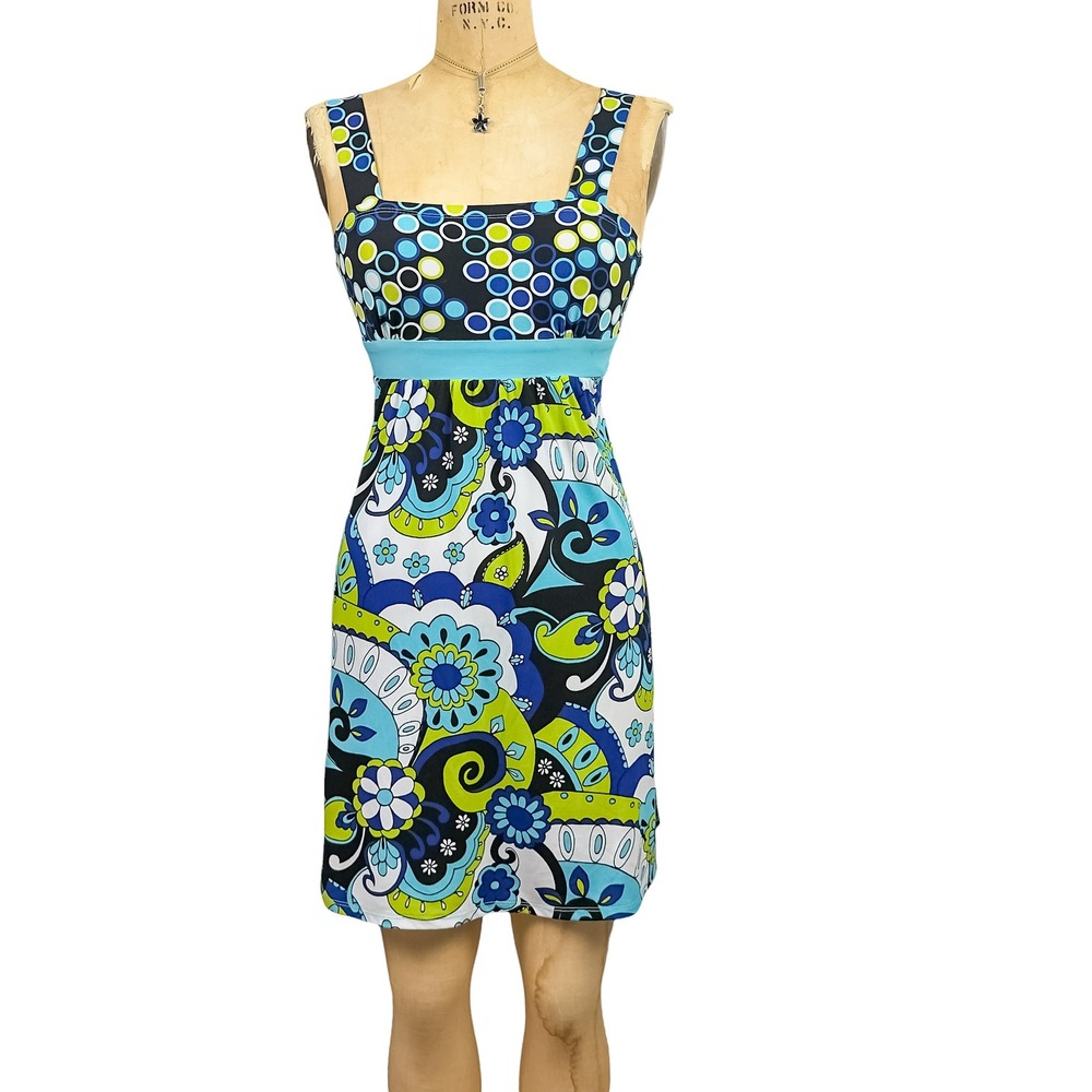 70s Retro Bold Geometric Print Dress‎ Empire Waist Tie Back Multicolor Vintage S
